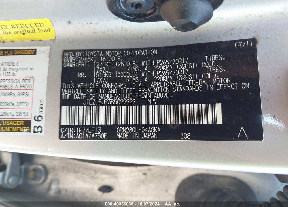 2011 TOYOTA 4RUNNER SR5 V6 VIN: JTEZU5JR3B5029922