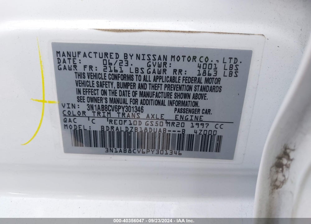 2023 NISSAN SENTRA SV XTRONIC CVT VIN: 3N1AB8CV6PY301346