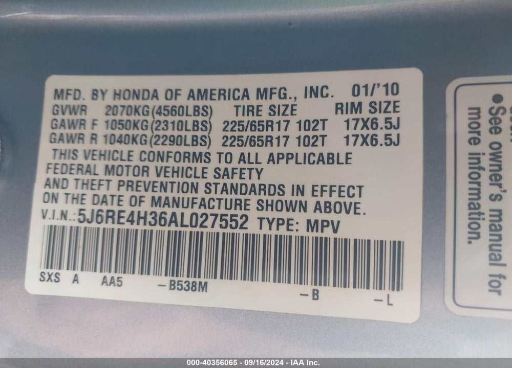 2010 HONDA CR-V LX VIN: 5J6RE4H36AL027552