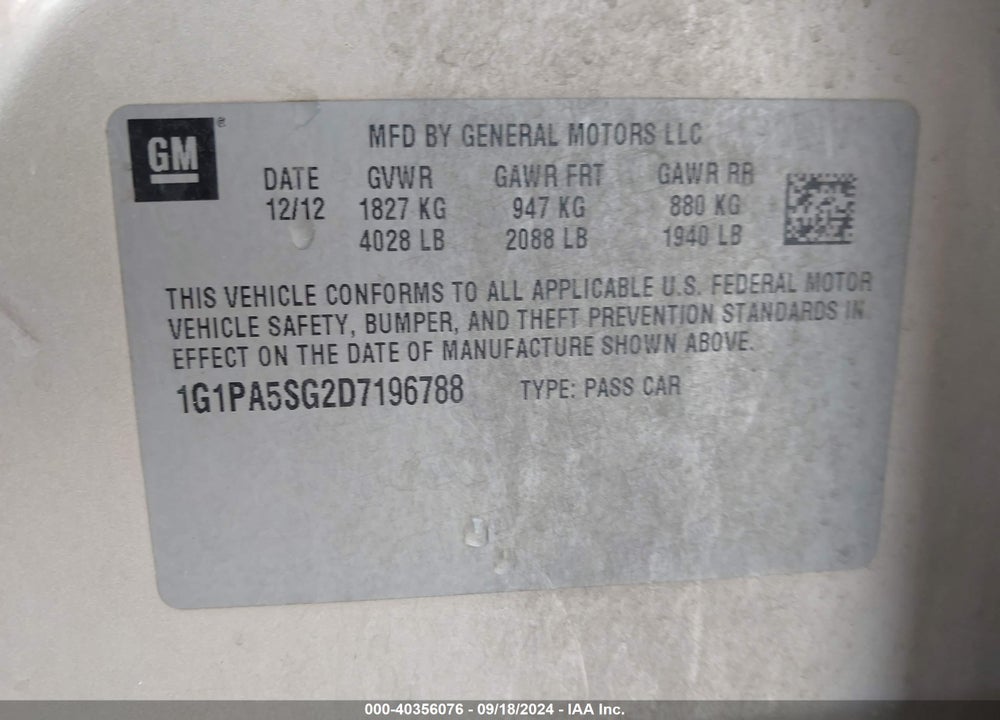 2013 CHEVROLET CRUZE LS AUTO VIN: 1G1PA5SG2D7196788