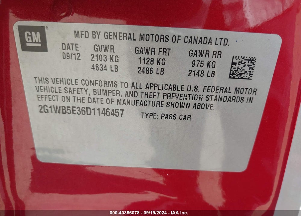 2013 CHEVROLET IMPALA LT VIN: 2G1WB5E36D1146457