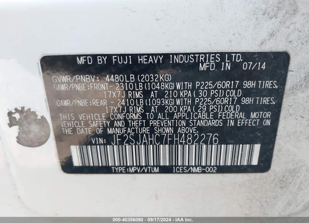 2015 SUBARU FORESTER 2.5I LIMITED VIN: JF2SJAHC7FH482276
