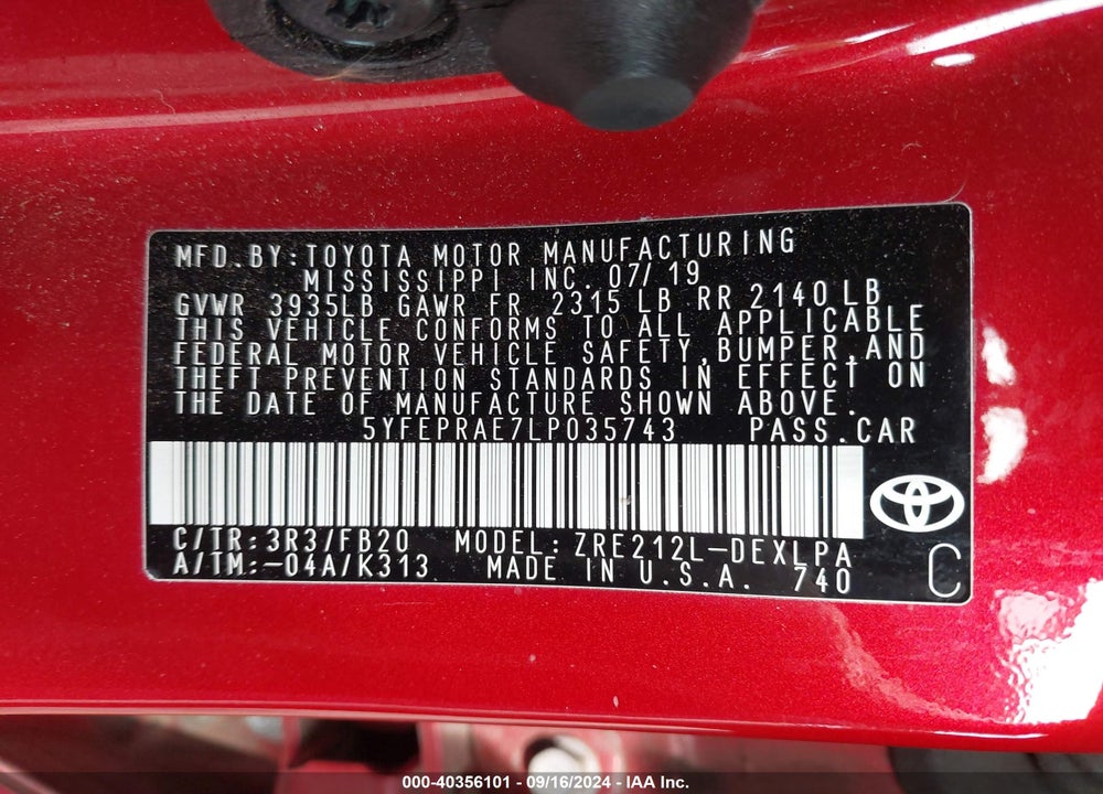 2020 TOYOTA COROLLA LE VIN: 5YFEPRAE7LP035743