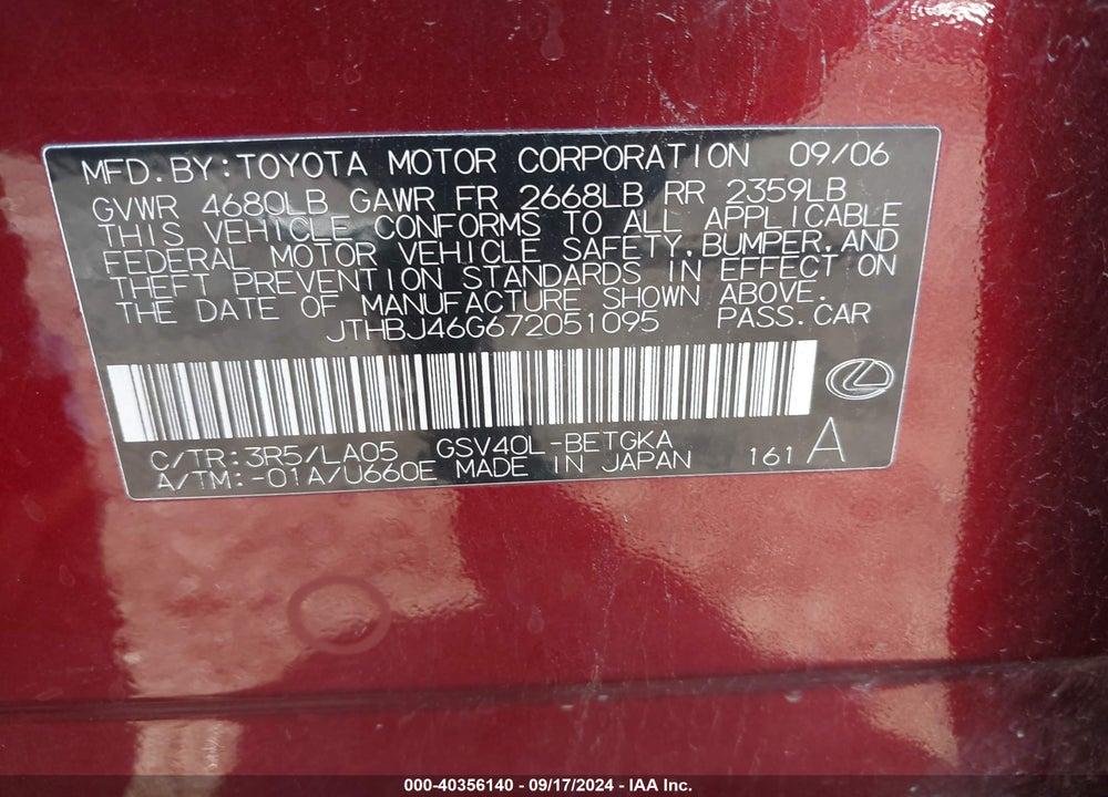 2007 LEXUS ES 350 VIN: JTHBJ46G672051095