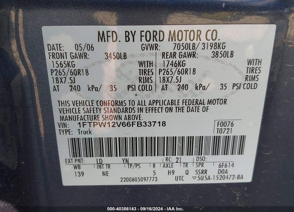 2006 FORD F-150 LARIAT/XLT VIN: 1FTPW12V66FB33718