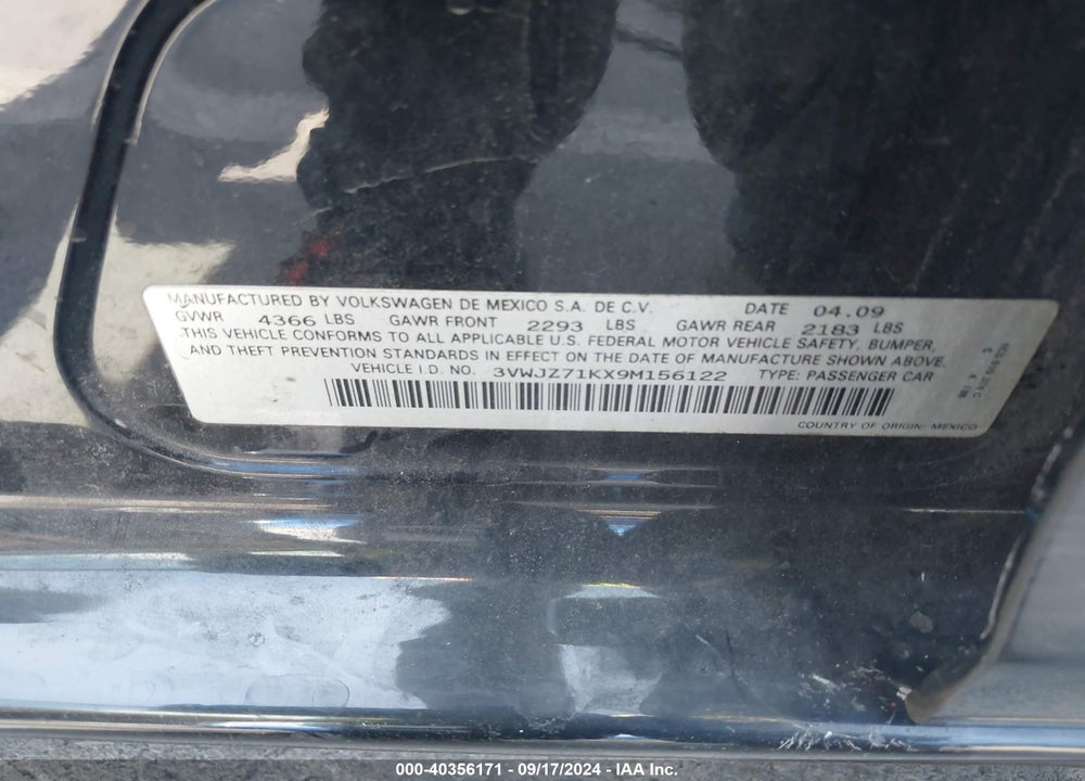 2009 VOLKSWAGEN JETTA S VIN: 3VWJZ71KX9M156122