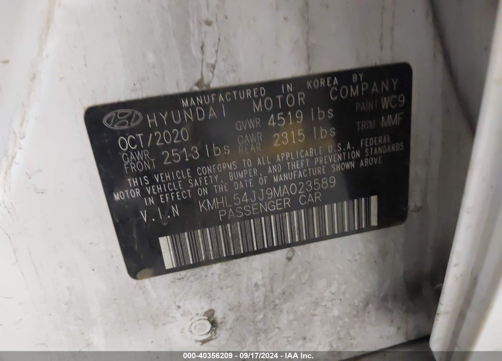 2021 HYUNDAI SONATA LIMITED VIN: KMHL54JJ9MA023589