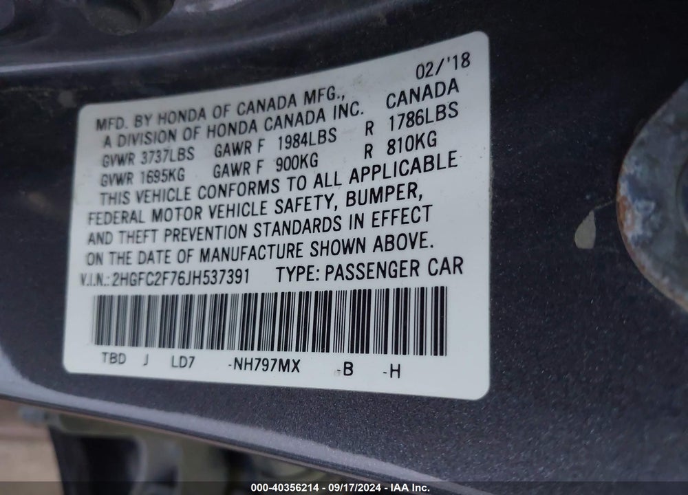 2018 HONDA CIVIC EX VIN: 2HGFC2F76JH537391