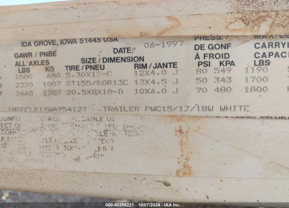 1998 SHORE LANDER TRAILER VIN: 1MDGCLK1XWA954127