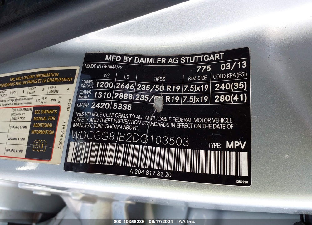 2013 MERCEDES-BENZ GLK 350 4MATIC VIN: WDCGG8JB2DG103503