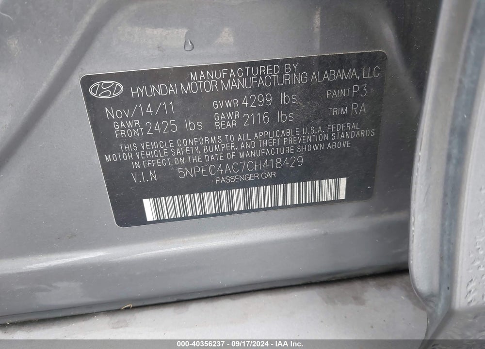 2012 HYUNDAI SONATA SE VIN: 5NPEC4AC7CH418429