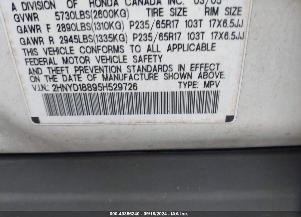 2005 ACURA MDX VIN: 2HNYD18895H529726