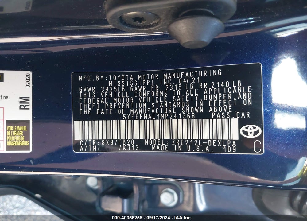 2021 TOYOTA COROLLA LE VIN: 5YFEPMAE1MP241368