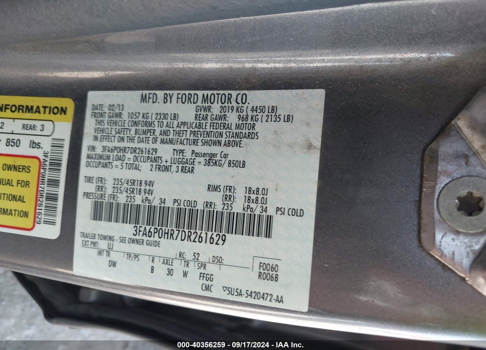 2013 FORD FUSION SE VIN: 3FA6P0HR7DR261629
