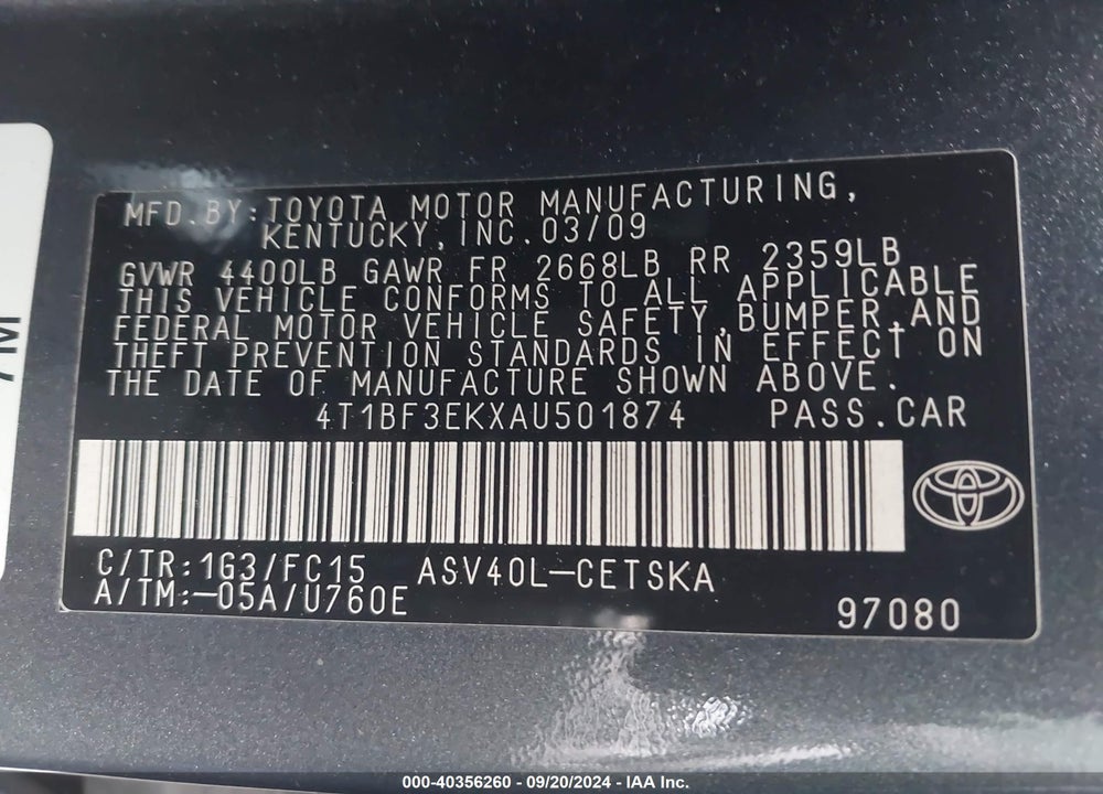 2010 TOYOTA CAMRY SE VIN: 4T1BF3EKXAU501874
