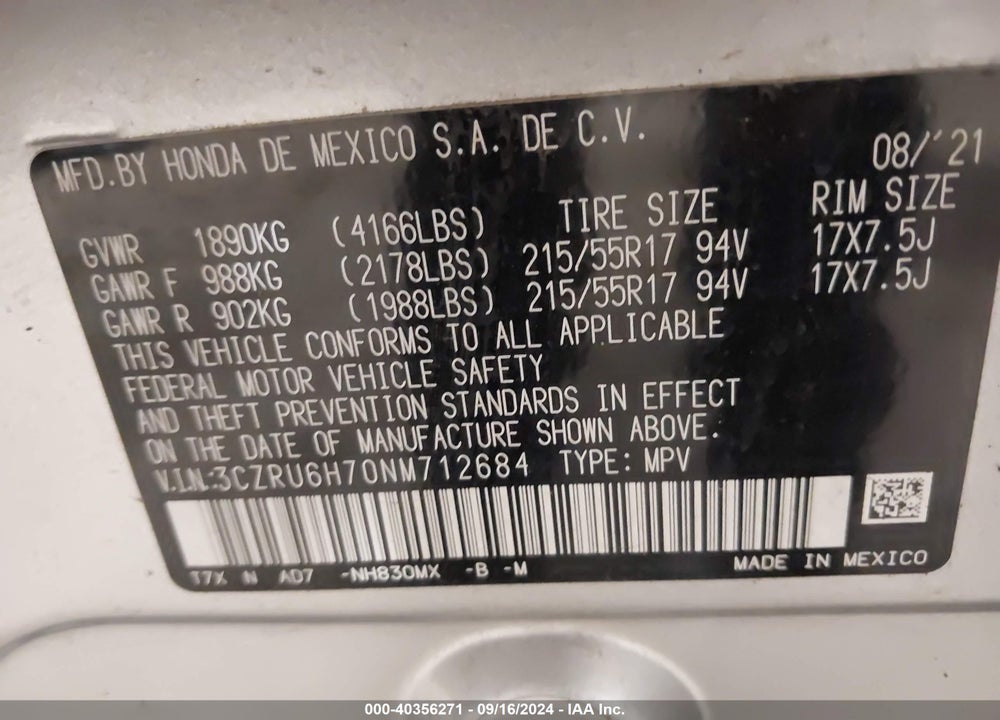 2022 HONDA HR-V AWD EX-L VIN: 3CZRU6H70NM712684