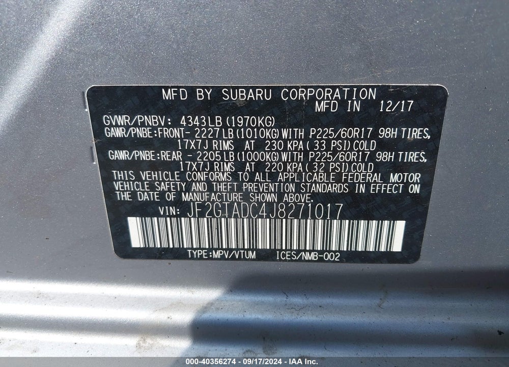 2018 SUBARU CROSSTREK 2.0I PREMIUM VIN: JF2GTADC4J8271017