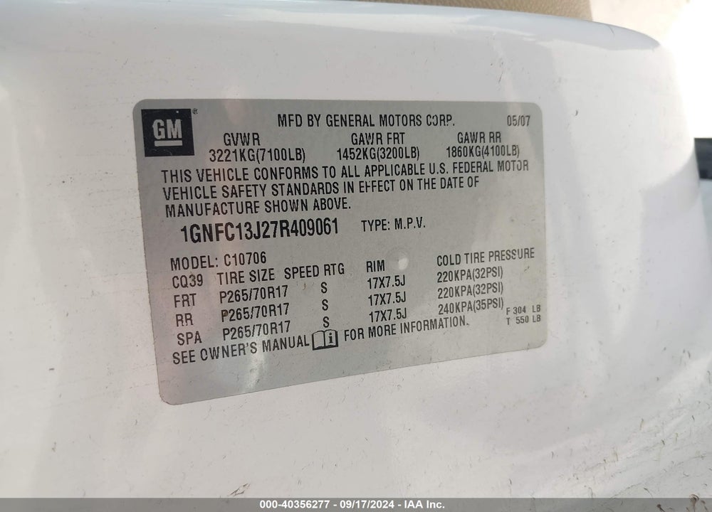 2007 CHEVROLET TAHOE LT VIN: 1GNFC13J27R409061