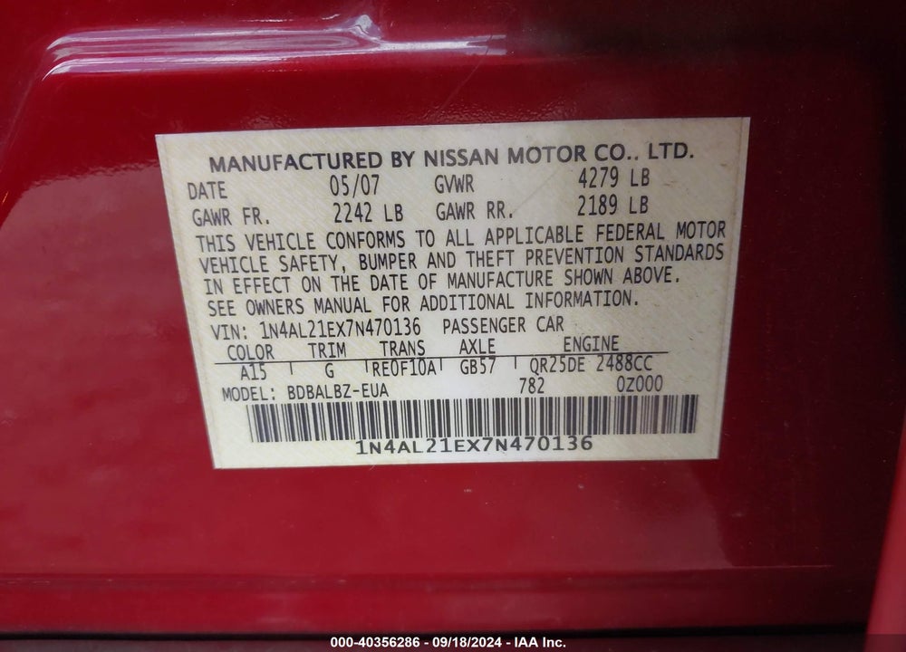 2007 NISSAN ALTIMA 2.5 S VIN: 1N4AL21EX7N470136