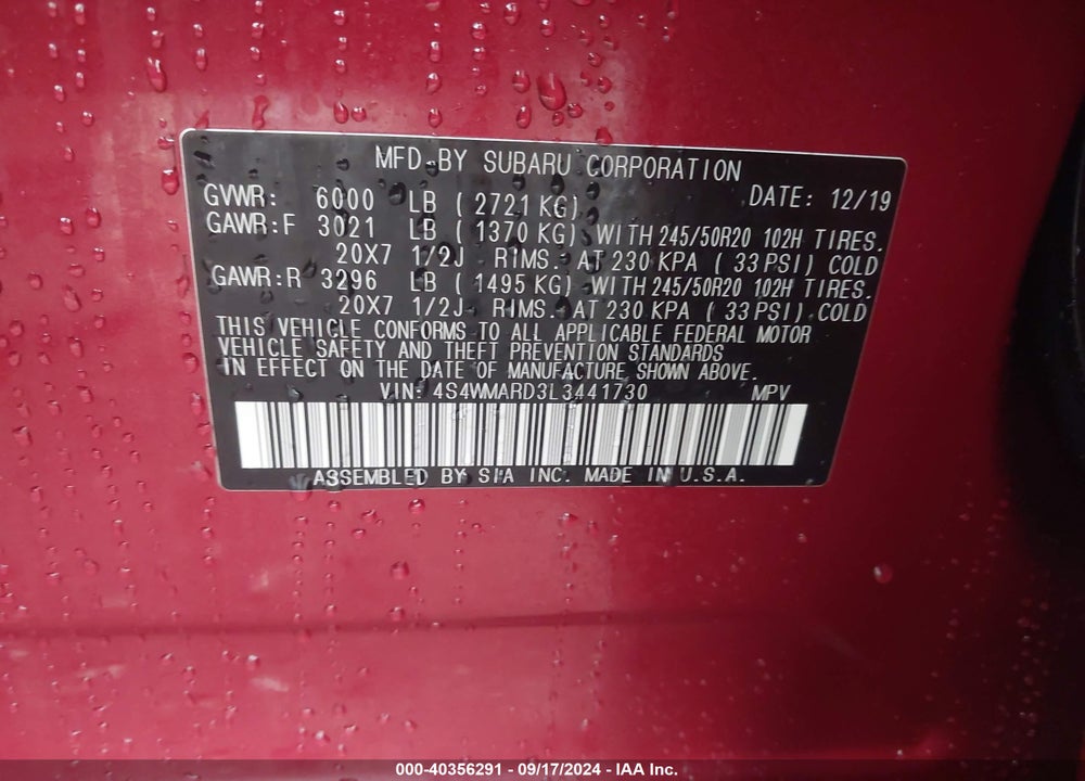 2020 SUBARU ASCENT VIN: 4S4WMARD3L3441730