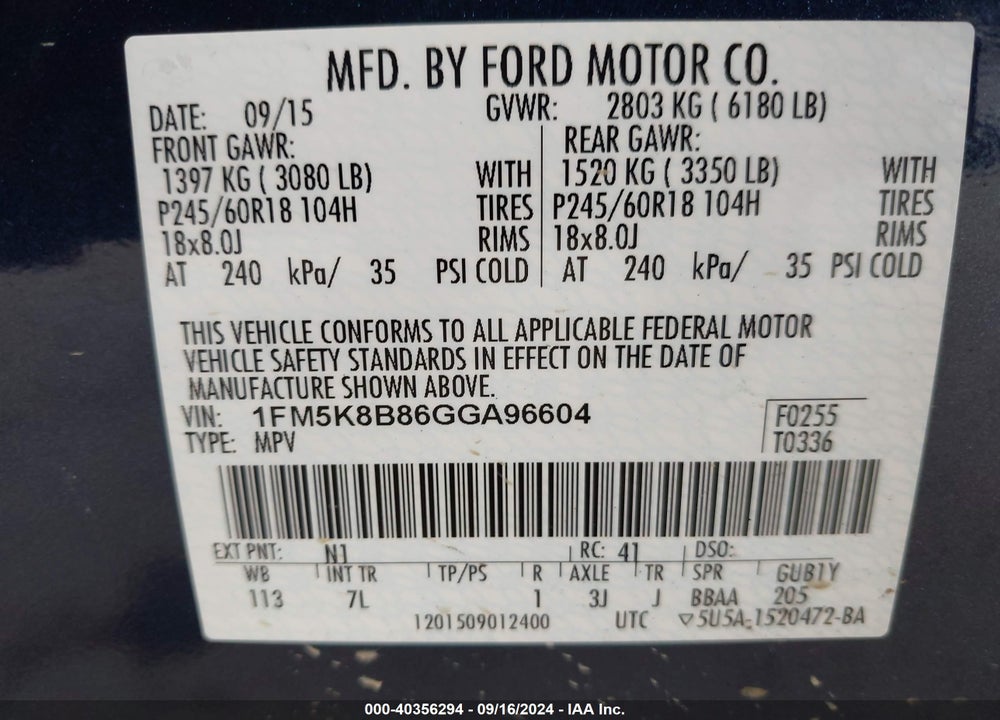 2016 FORD EXPLORER VIN: 1FM5K8B86GGA96604