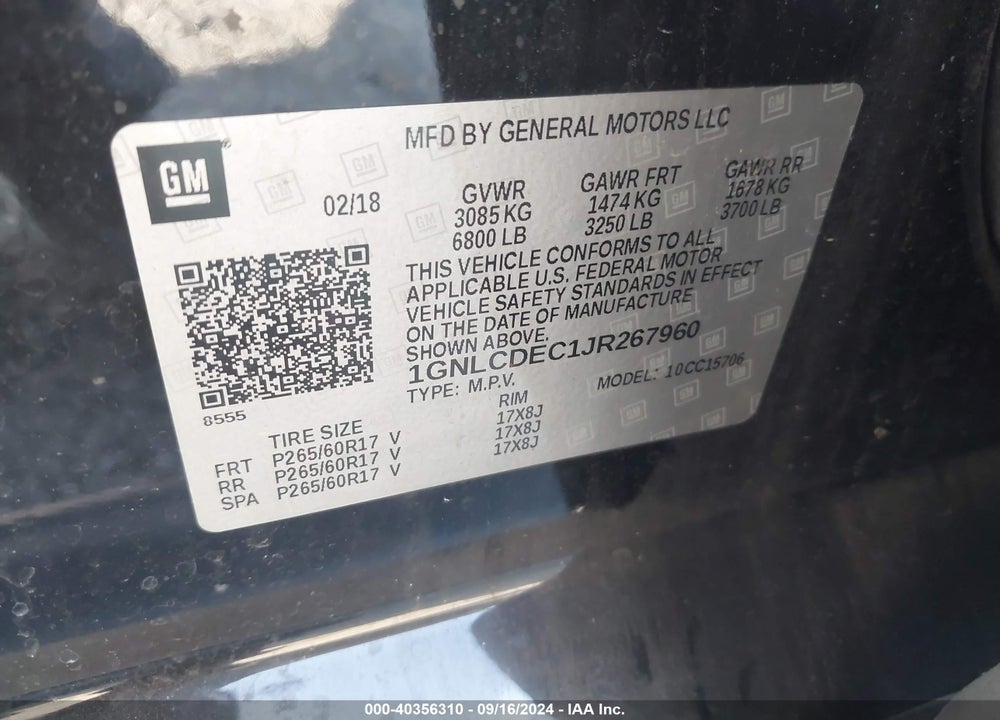 2018 CHEVROLET TAHOE COMMERCIAL FLEET VIN: 1GNLCDEC1JR267960