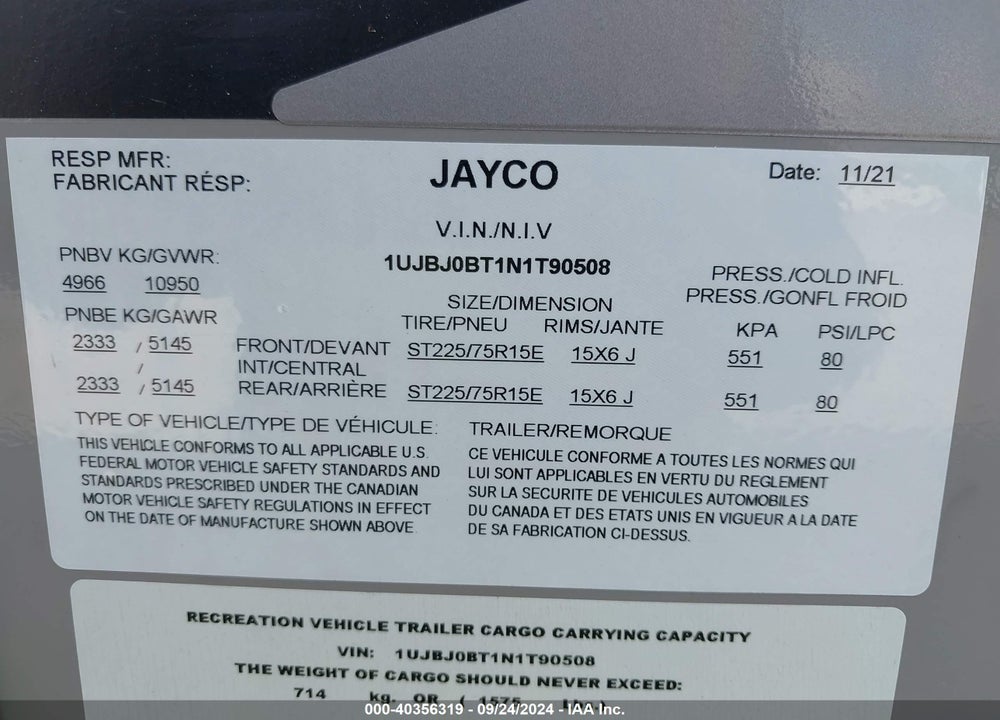 2022 JAYCO JAY FLIGHT 33RBTS VIN: 1UJBJ0BT1N1T90508