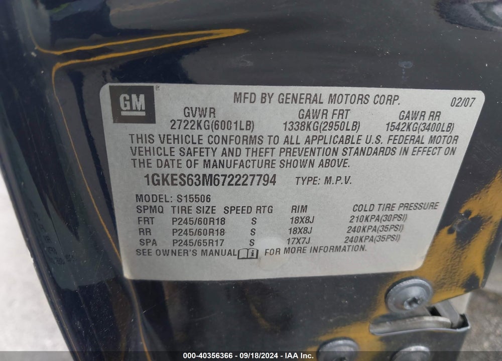 2007 GMC ENVOY DENALI VIN: 1GKES63M672227794