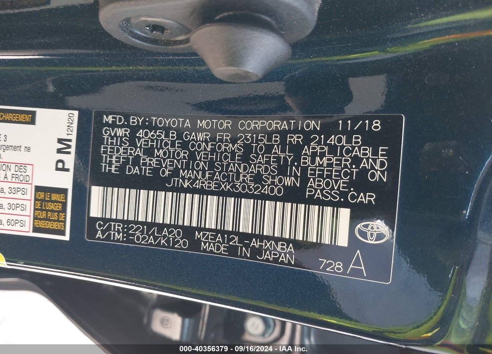2019 TOYOTA COROLLA XSE VIN: JTNK4RBEXK3032400
