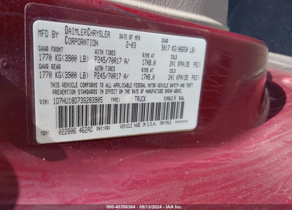 2003 DODGE RAM 1500 SLT/LARAMIE/ST VIN: 1D7HU18D73S283905