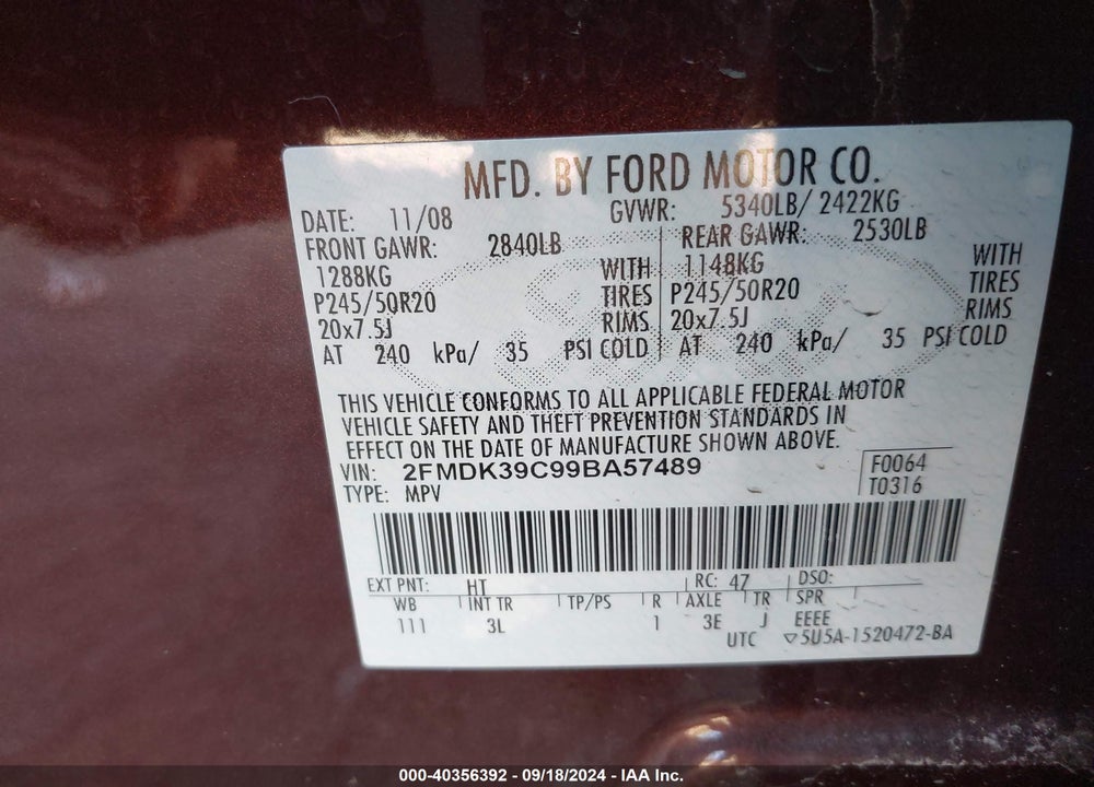 2009 FORD EDGE LIMITED VIN: 2FMDK39C99BA57489