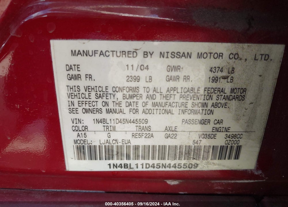 2005 NISSAN ALTIMA 3.5 SE VIN: 1N4BL11D45N445509