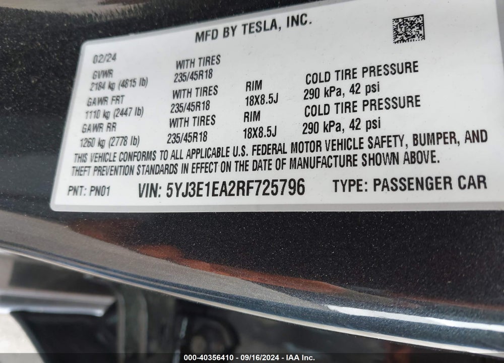 2024 TESLA MODEL 3 REAR-WHEEL DRIVE VIN: 5YJ3E1EA2RF725796