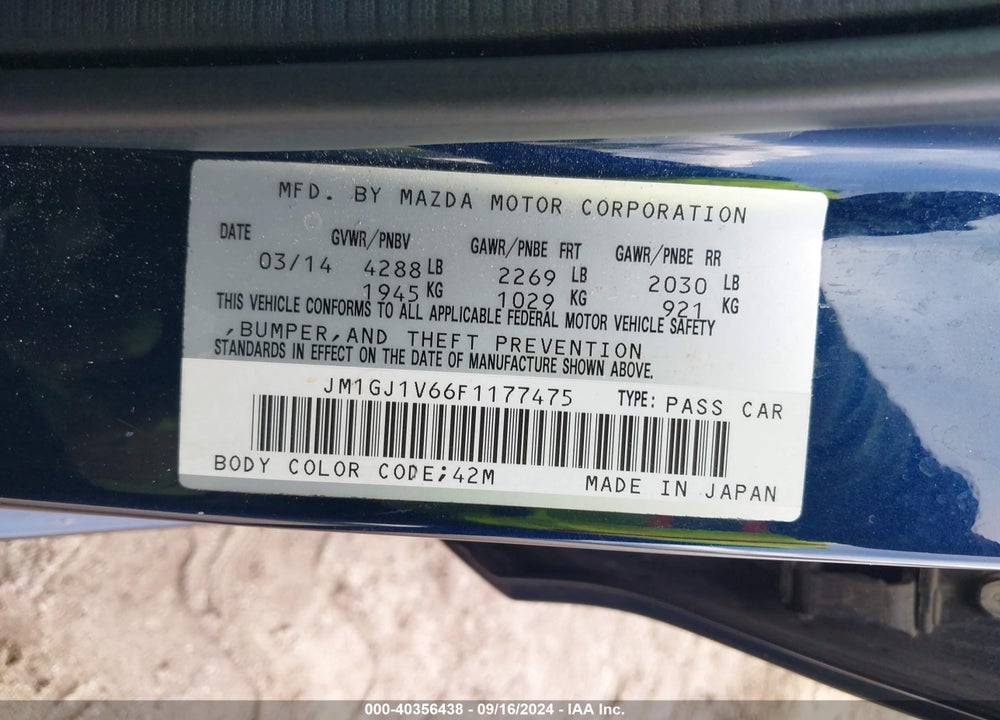 2015 MAZDA 6 I TOURING VIN: JM1GJ1V66F1177475