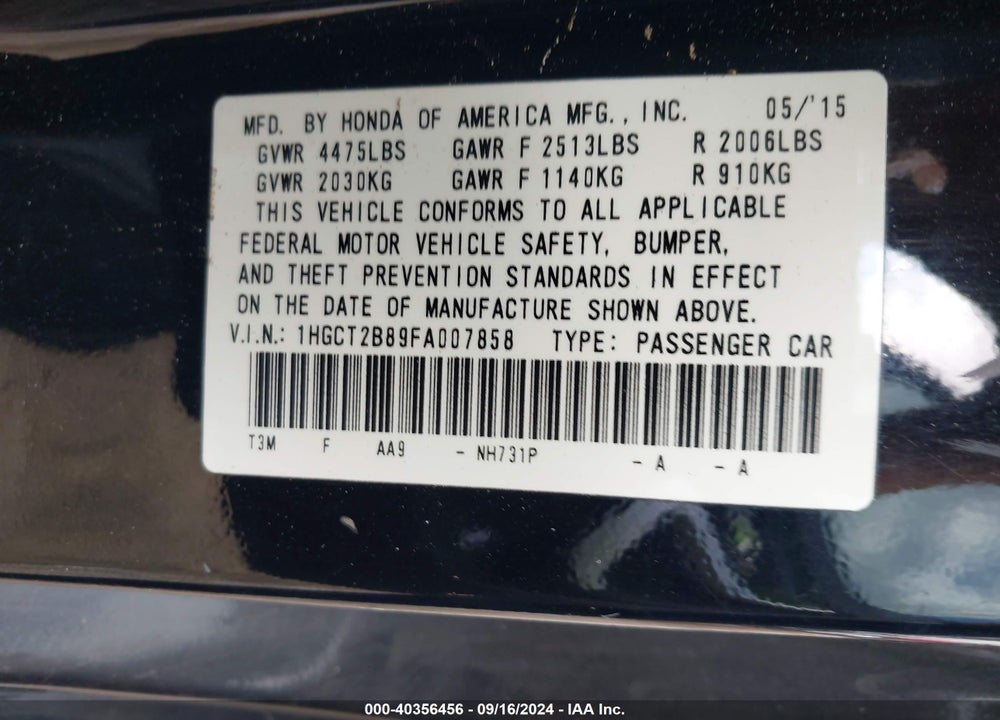 2015 HONDA ACCORD EX-L V-6 VIN: 1HGCT2B89FA007858