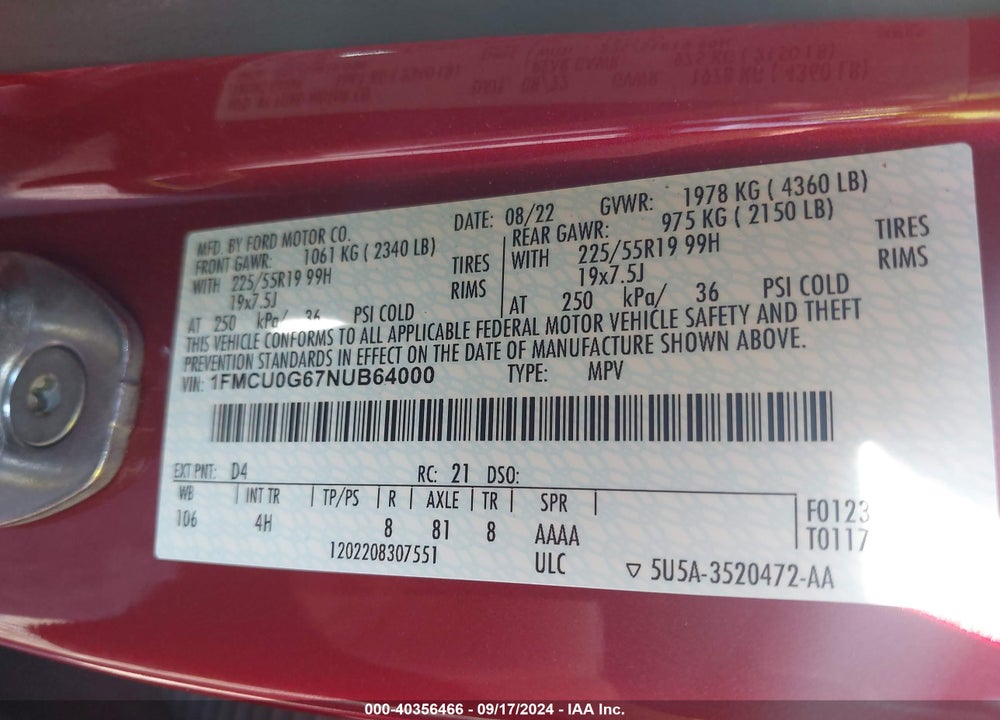2022 FORD ESCAPE SE VIN: 1FMCU0G67NUB64000