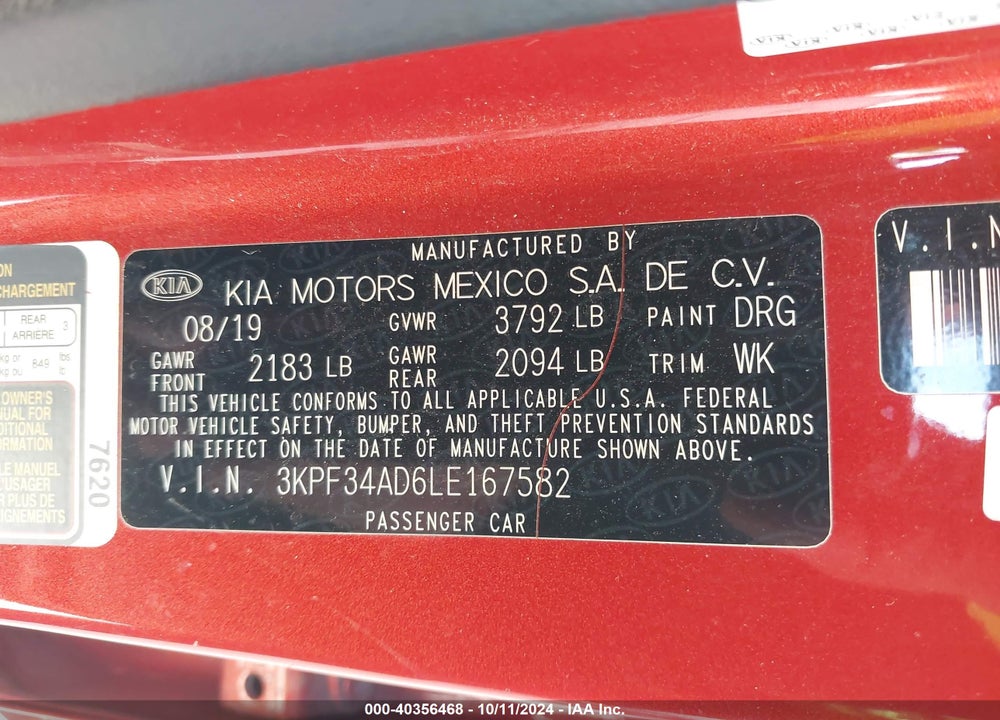 2020 KIA FORTE GT LINE VIN: 3KPF34AD6LE167582