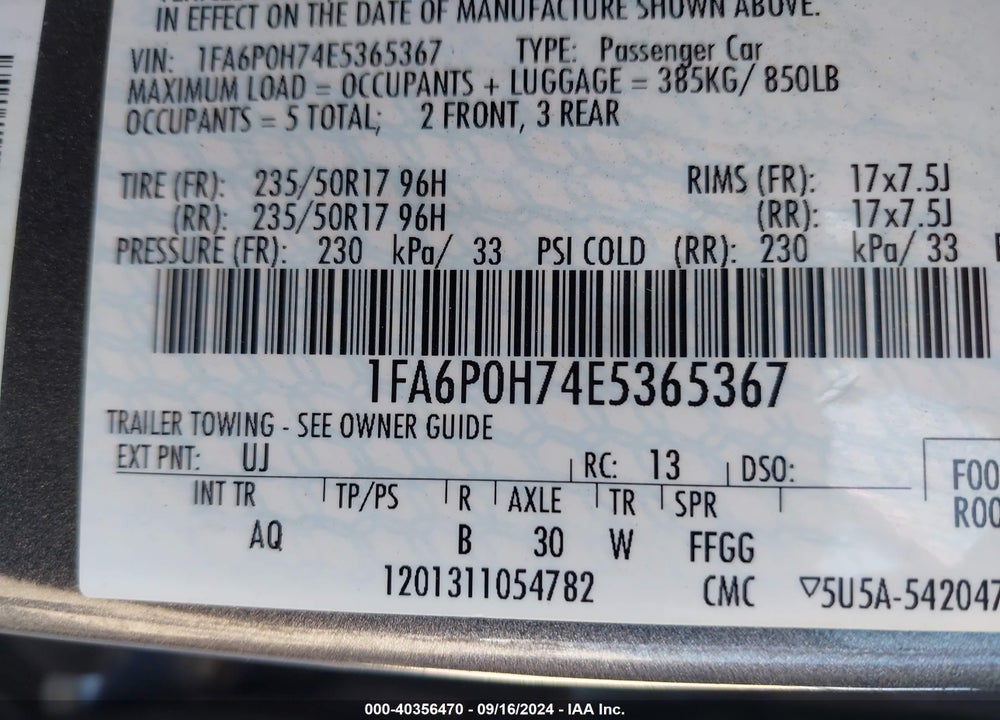 2014 FORD FUSION SE VIN: 1FA6P0H74E5365367