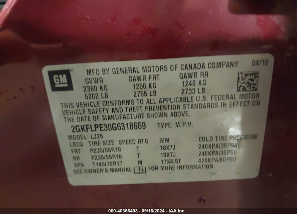 2016 GMC TERRAIN SLT VIN: 2GKFLPE30G6318669