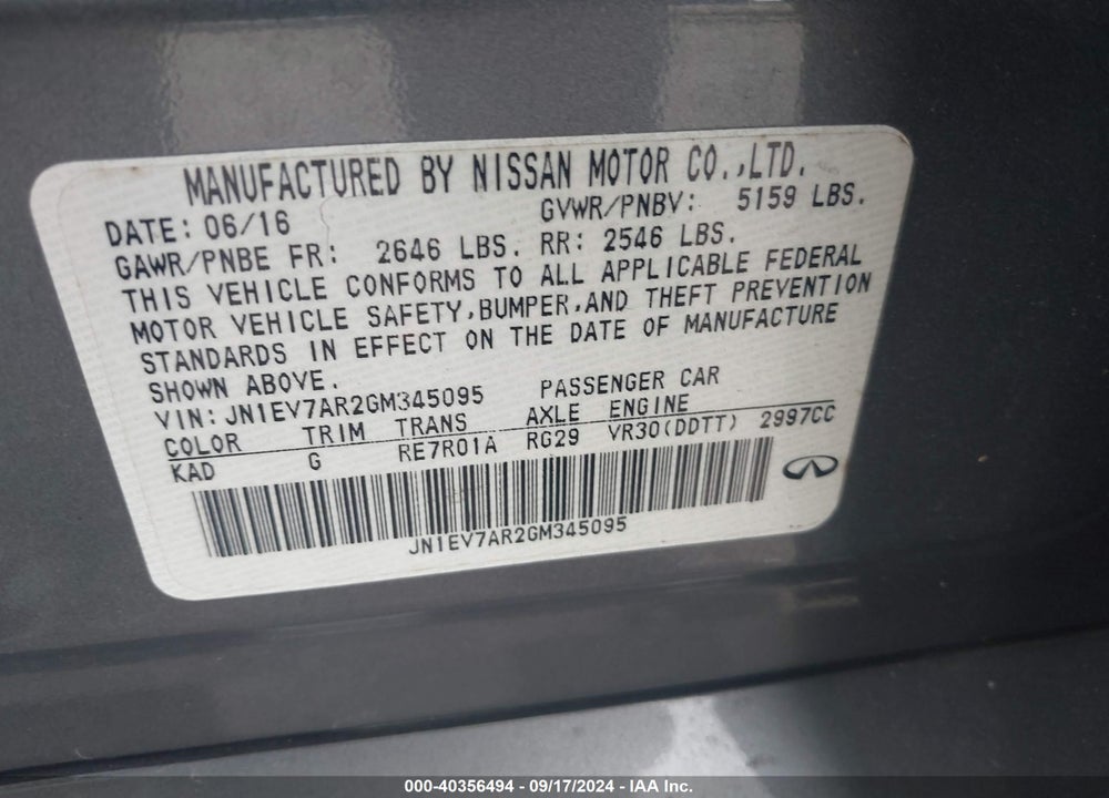 2016 INFINITI Q50 3.0T SPORT VIN: JN1EV7AR2GM345095