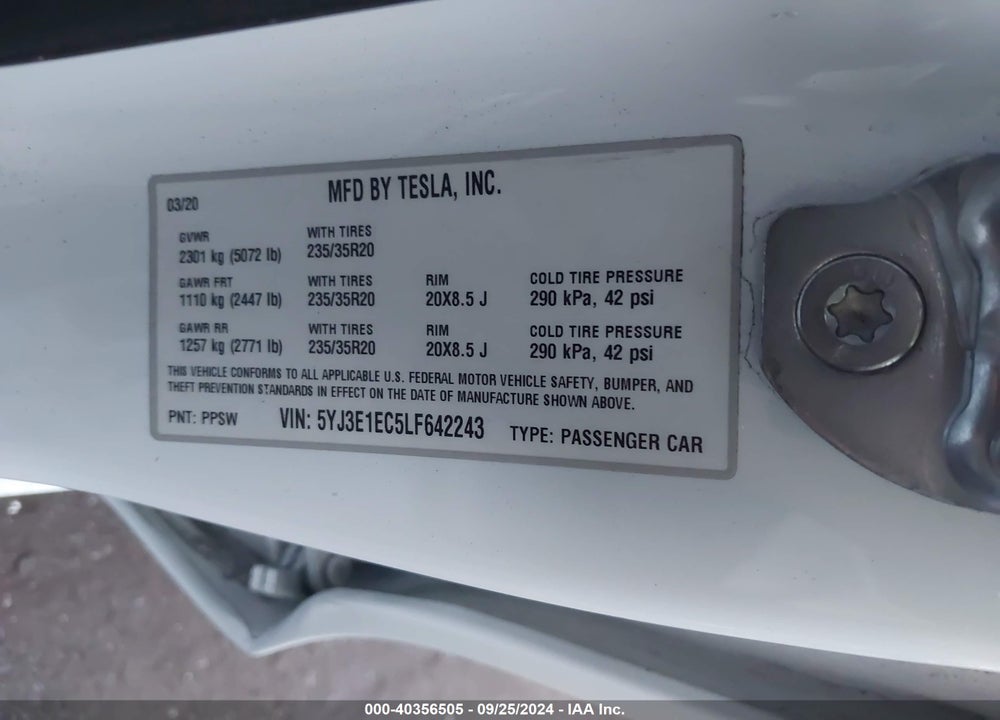 2020 TESLA MODEL 3 PERFORMANCE DUAL MOTOR ALL-WHEEL DRIVE VIN: 5YJ3E1EC5LF642243