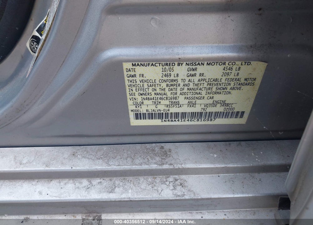 2006 NISSAN MAXIMA 3.5 SE VIN: 1N4BA41E46C816987