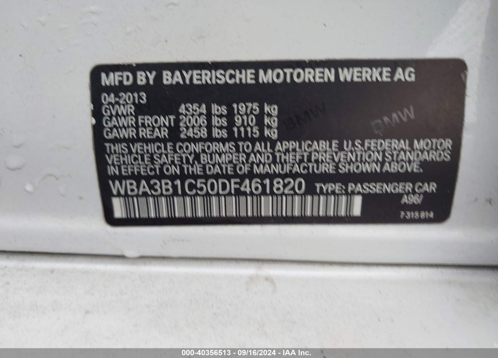 2013 BMW 320I VIN: WBA3B1C50DF461820