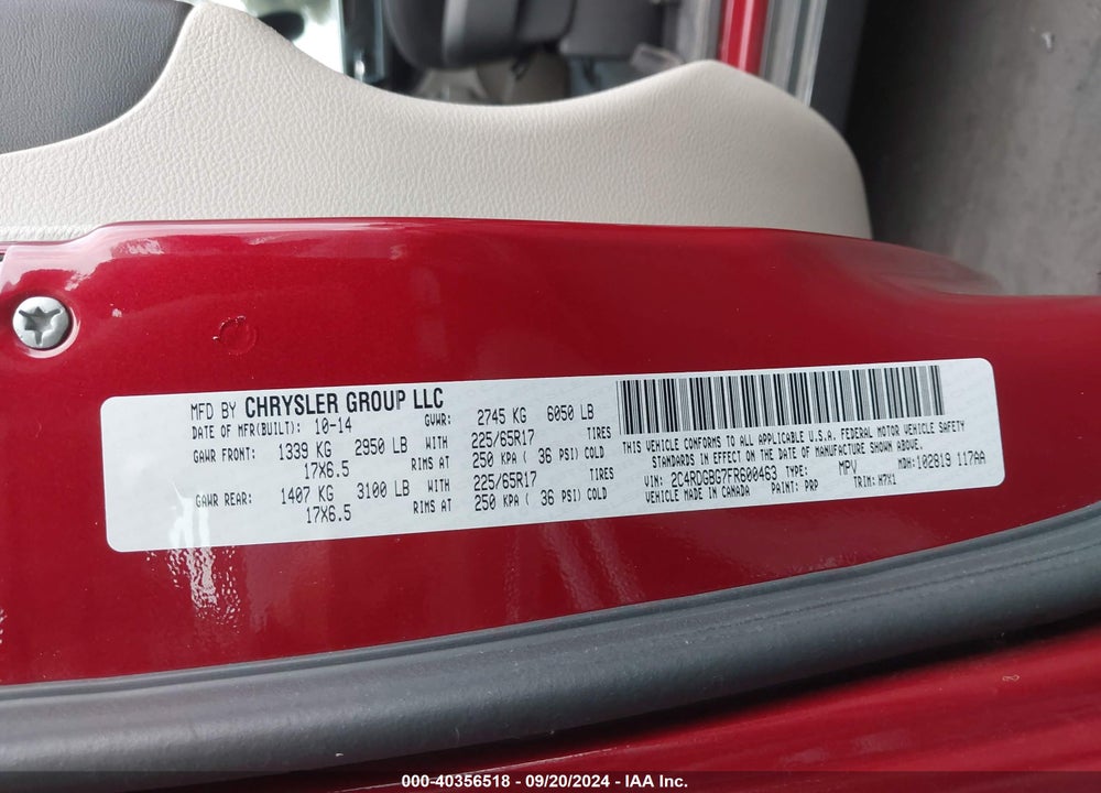 2015 DODGE GRAND CARAVAN AMERICAN VALUE PKG VIN: 2C4RDGBG7FR600463