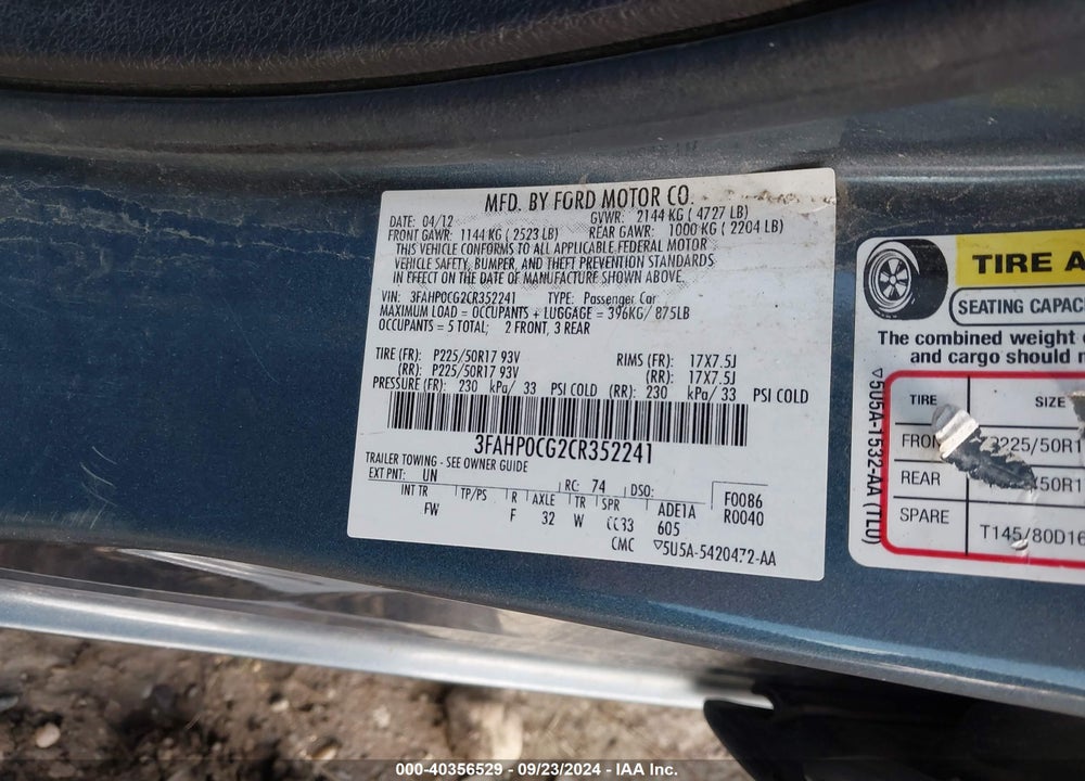 2012 FORD FUSION SEL VIN: 3FAHP0CG2CR352241