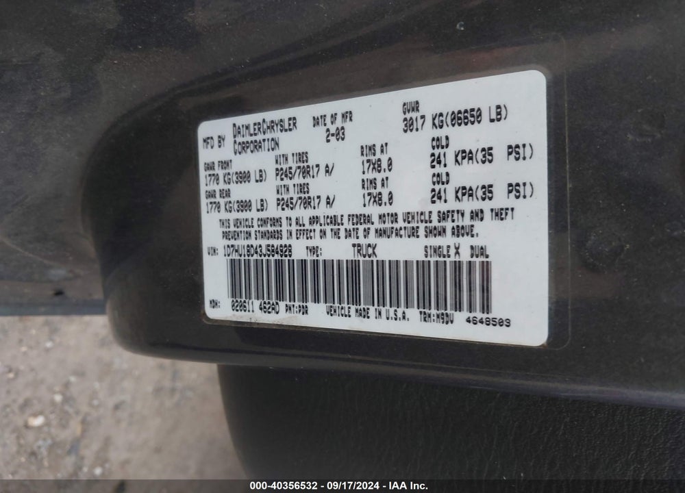 2003 DODGE RAM 1500 SLT/LARAMIE/ST VIN: 1D7HU18D43J584928