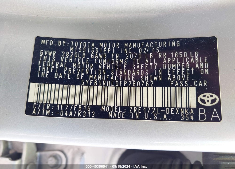 2015 TOYOTA COROLLA LE VIN: 5YFBURHE0FP280762