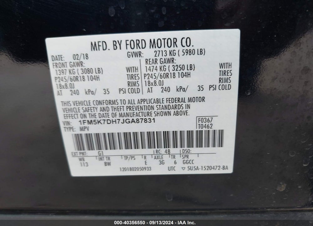 2018 FORD EXPLORER XLT VIN: 1FM5K7DH7JGA87831