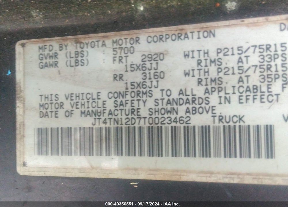 1996 TOYOTA T100 XTRACAB VIN: JT4TN12D7T0023462
