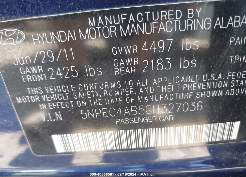 2012 HYUNDAI SONATA LIMITED 2.0T VIN: 5NPEC4AB5CH327036